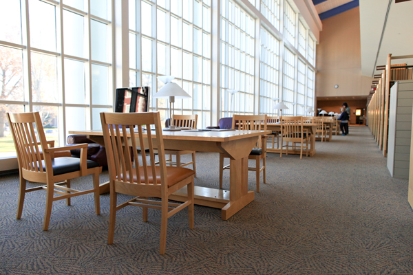 Empty study desks and chairs in Kinlaw Library
