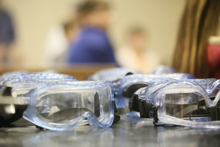 rows of safety goggles