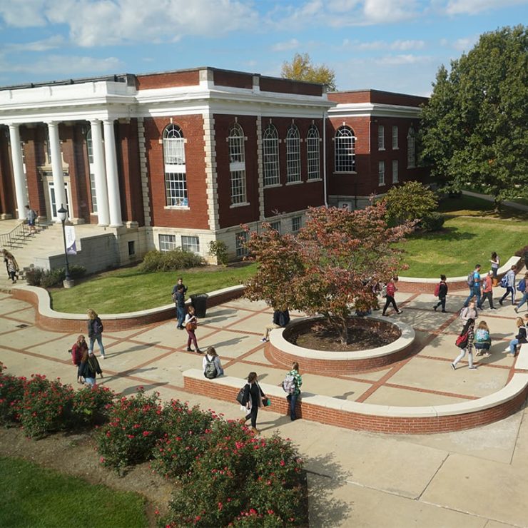 View of sidewalks and campus buildings