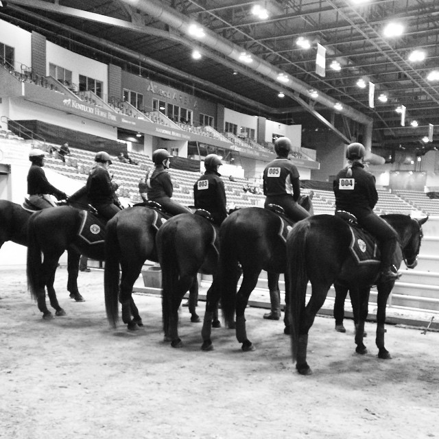 students riding horses in a large arena