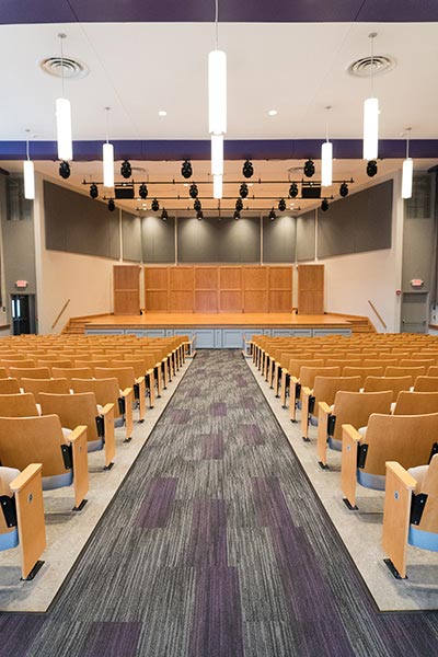 Looking down the aisle toward the stage in Jameson Recital Hall