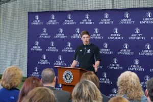 student speaking at the dedication ceremony of the Bowdoin Athletic Practice Facility