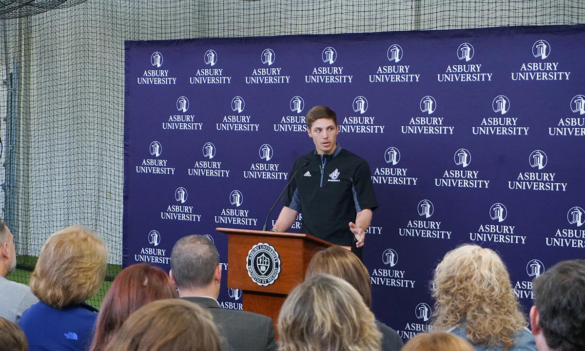 student speaking at the dedication ceremony of the Bowdoin Athletic Practice Facility