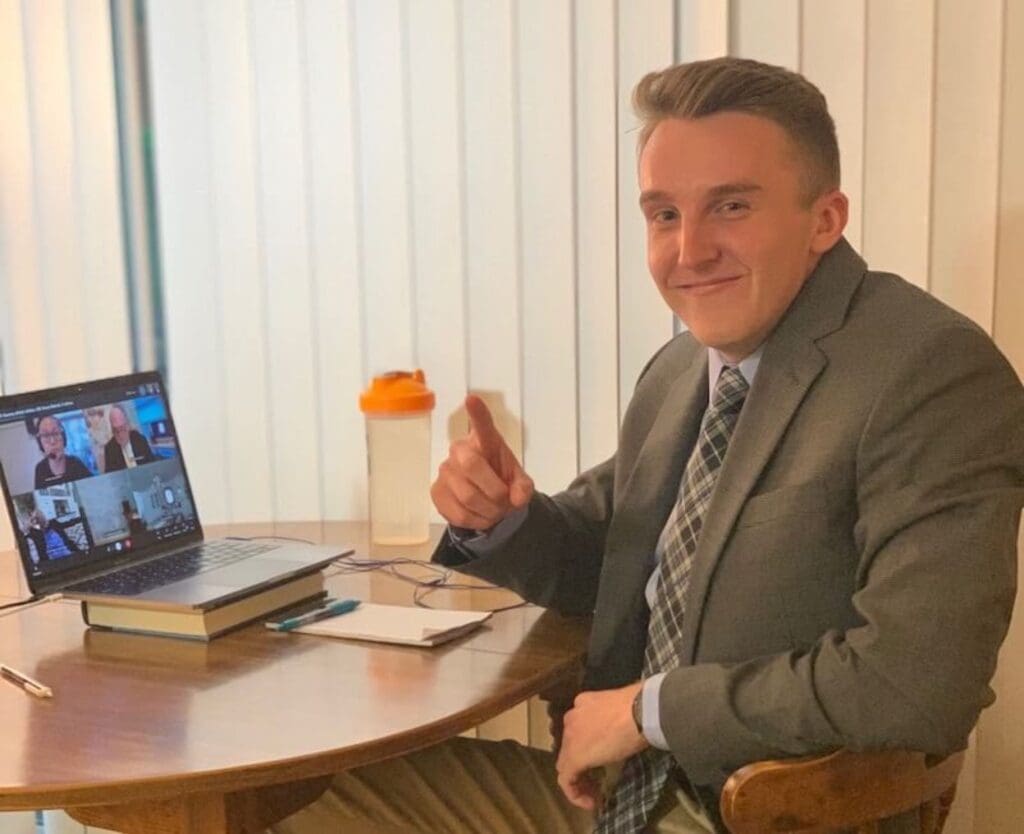 Ty Schadt ’20 on a videoconference call