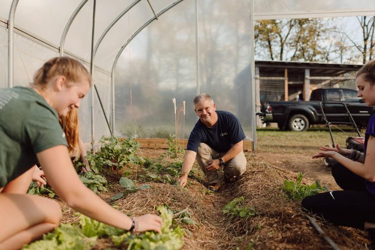 Asbury University students and staff work among plants in a greenhouse