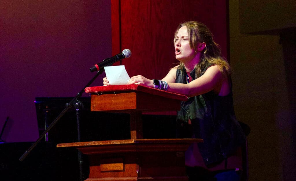 Woman speaker at Asbury University's Letter's Live event.