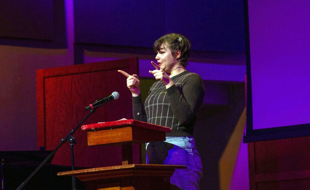 Woman speaker at Asbury University's Letter's Live event.